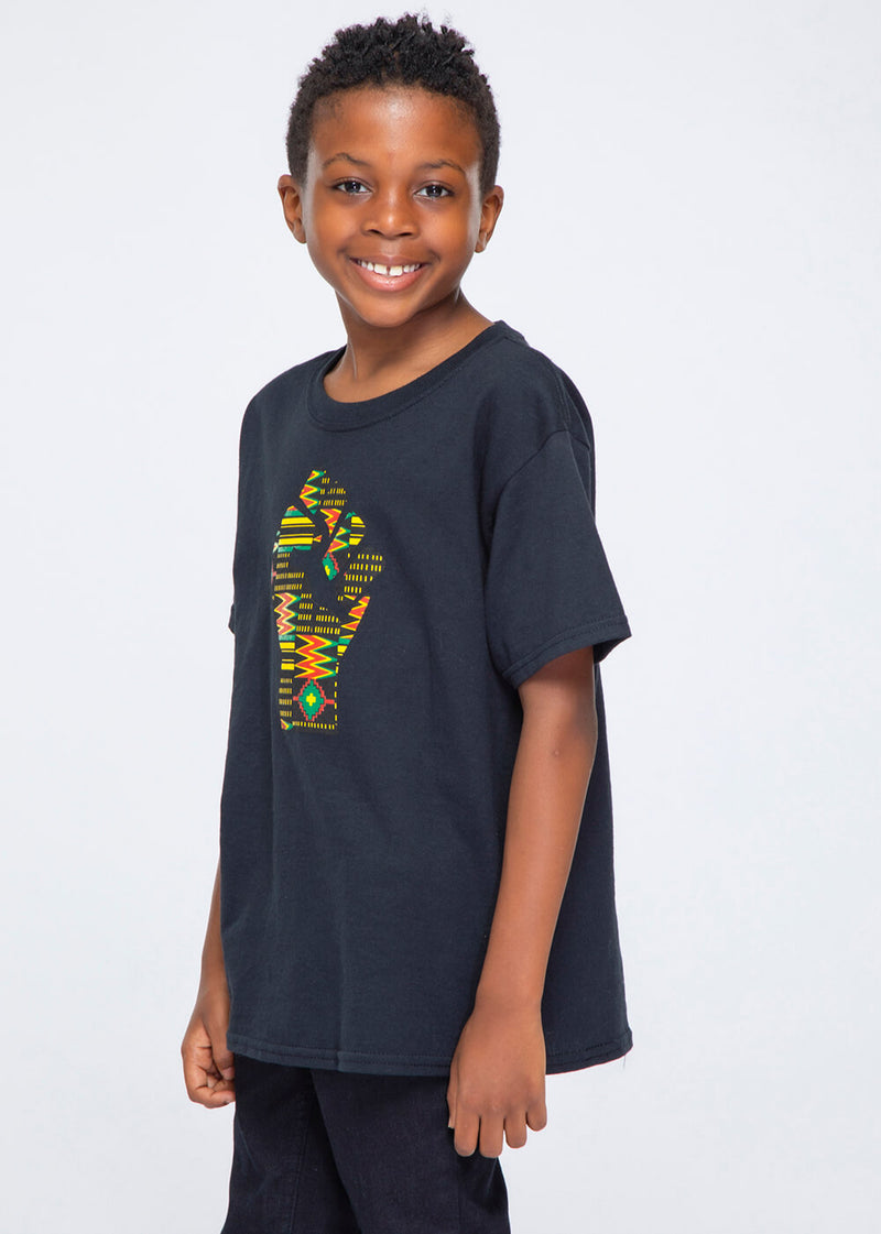 Julo African Print Graphic Fist T-shirt (Black/Black Green Kente) - Clearance