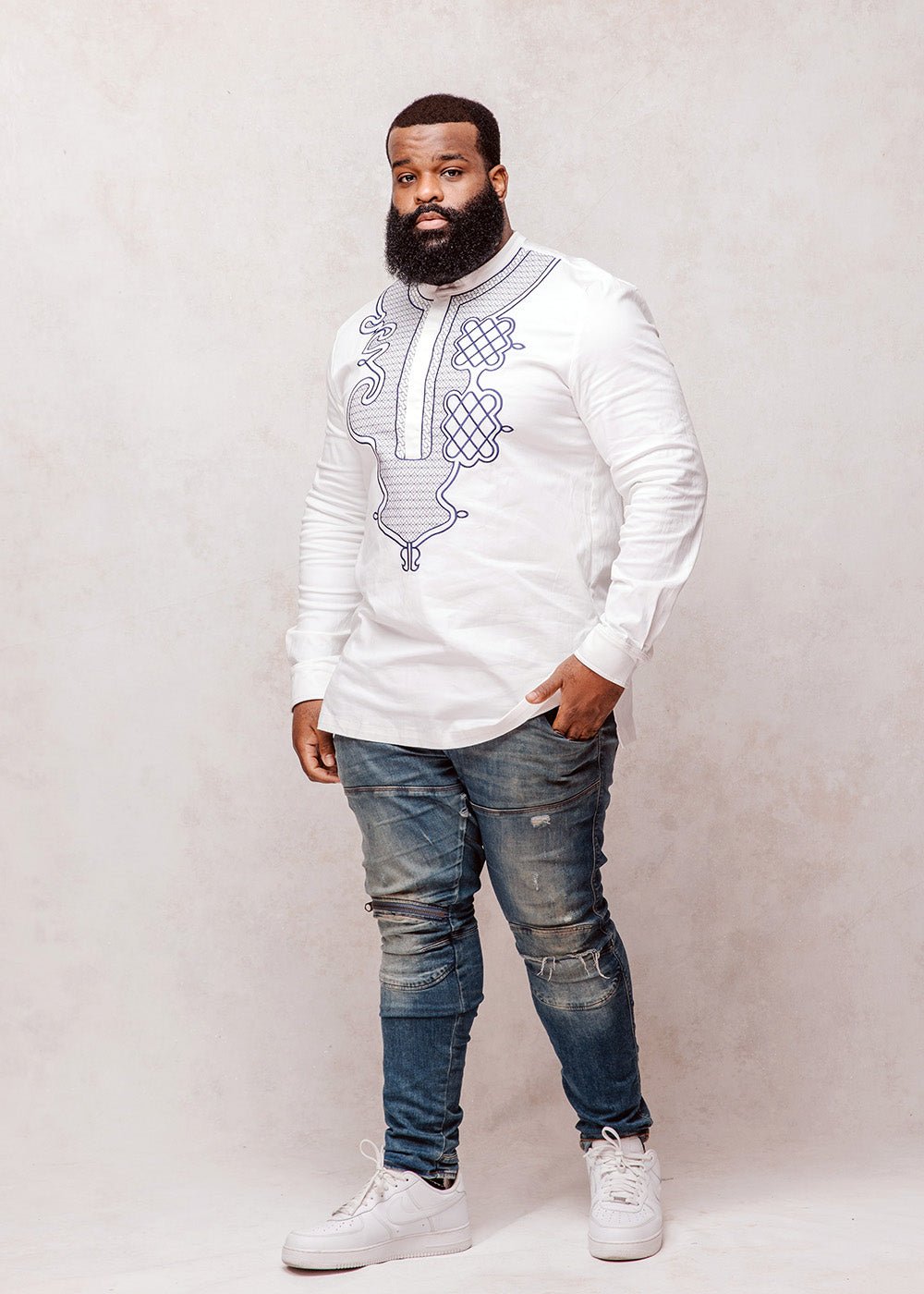 Dubaku Men's Traditional African Embroidery Shirt (White) - D'IYANU