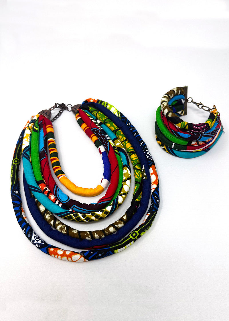 Asabi Women's African Print Layered Bangle Bracelet (Mixed Tribal Prints)