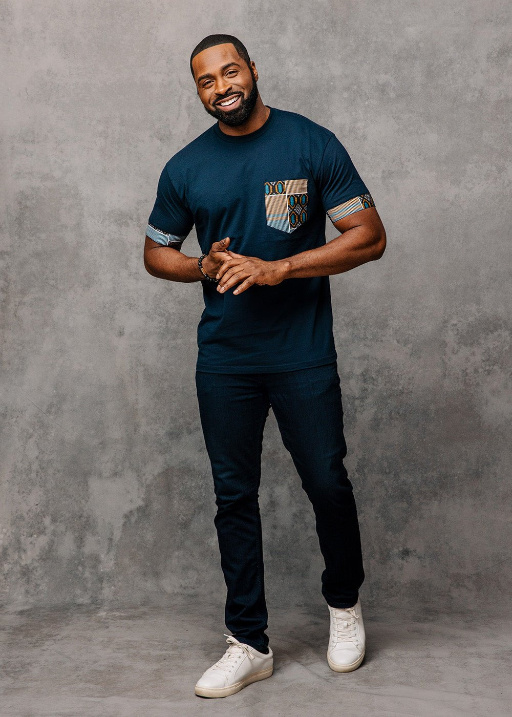 Seun Men's African Print T-Shirt with Pocket (Blue/Tan Navy) - D'IYANU