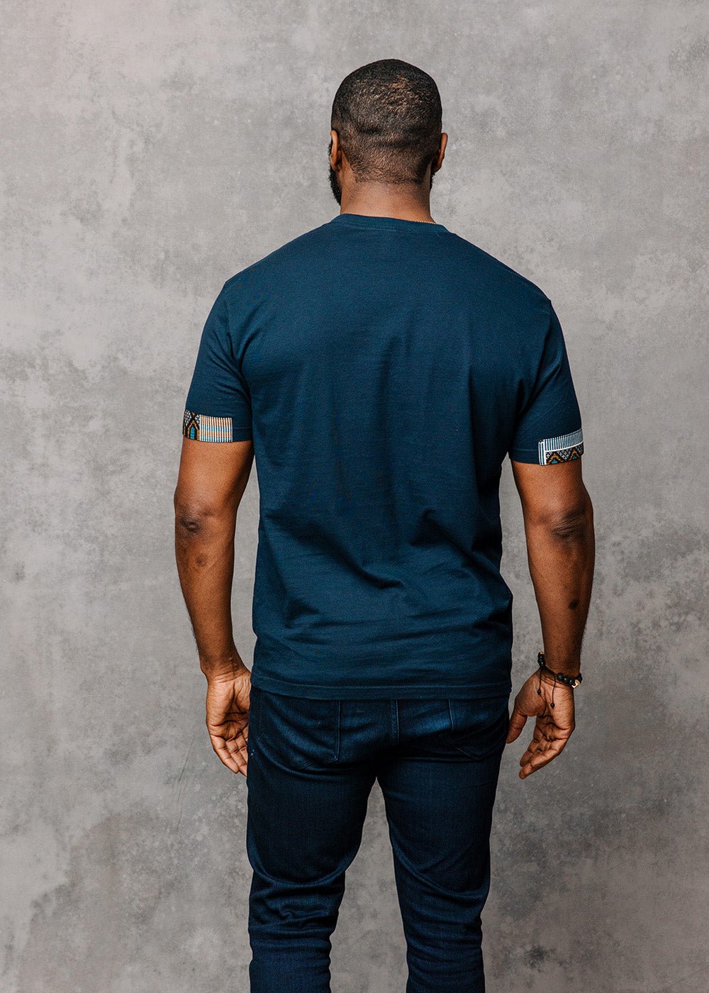 Seun Men's African Print T-Shirt with Pocket (Blue/Tan Navy) - D'IYANU