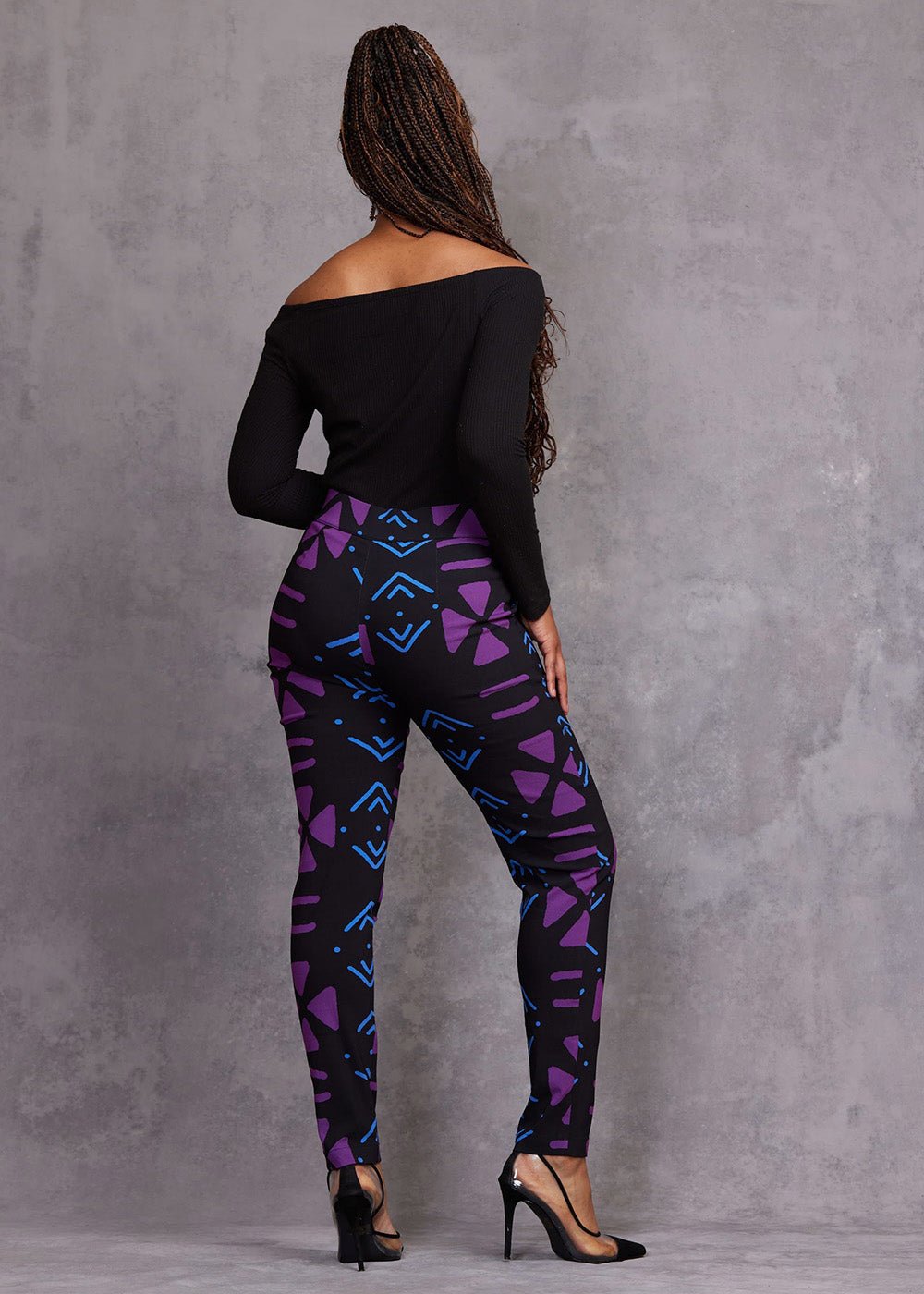 Talia Women's African Print Stretch Pants (Black Purple Mudcloth) - D'IYANU