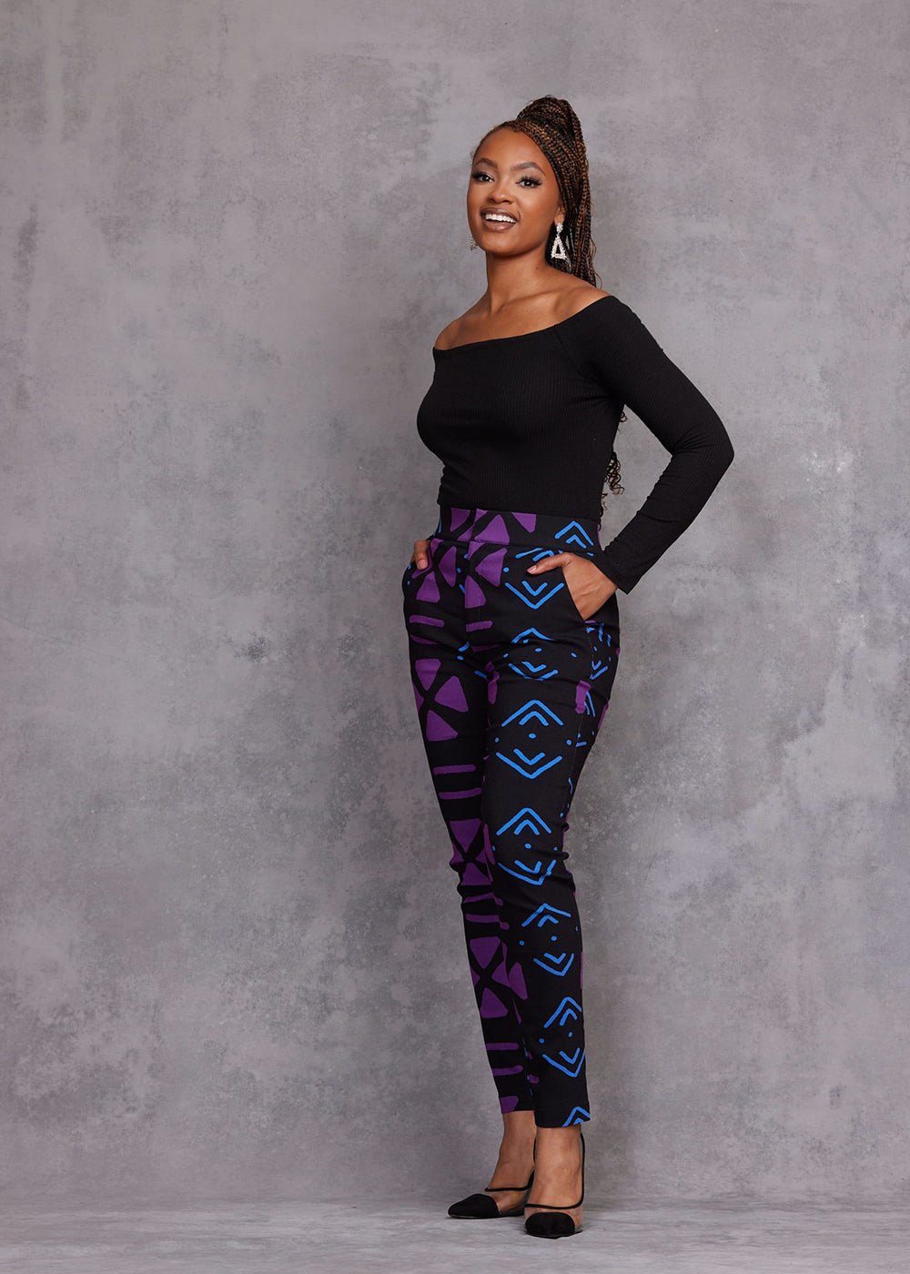 Talia Women's African Print Stretch Pants (Black Purple Mudcloth) - D'IYANU