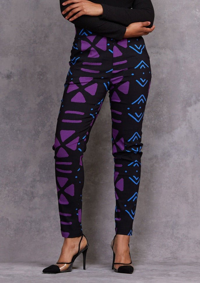 Talia Women's African Print Stretch Pants (Black Purple Mudcloth) Purple - D'IYANU
