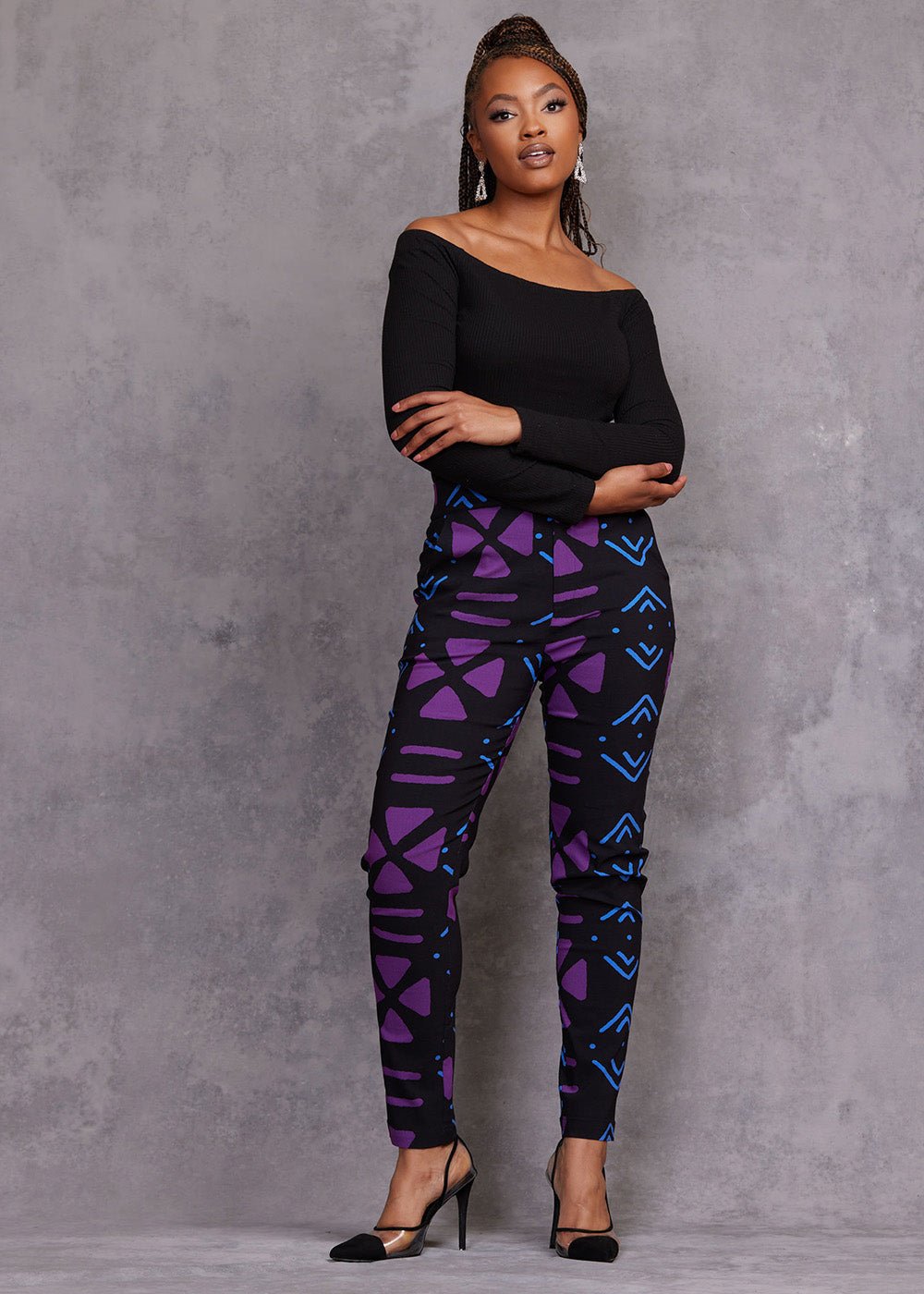 Talia Women's African Print Stretch Pants (Black Purple Mudcloth) - D'IYANU