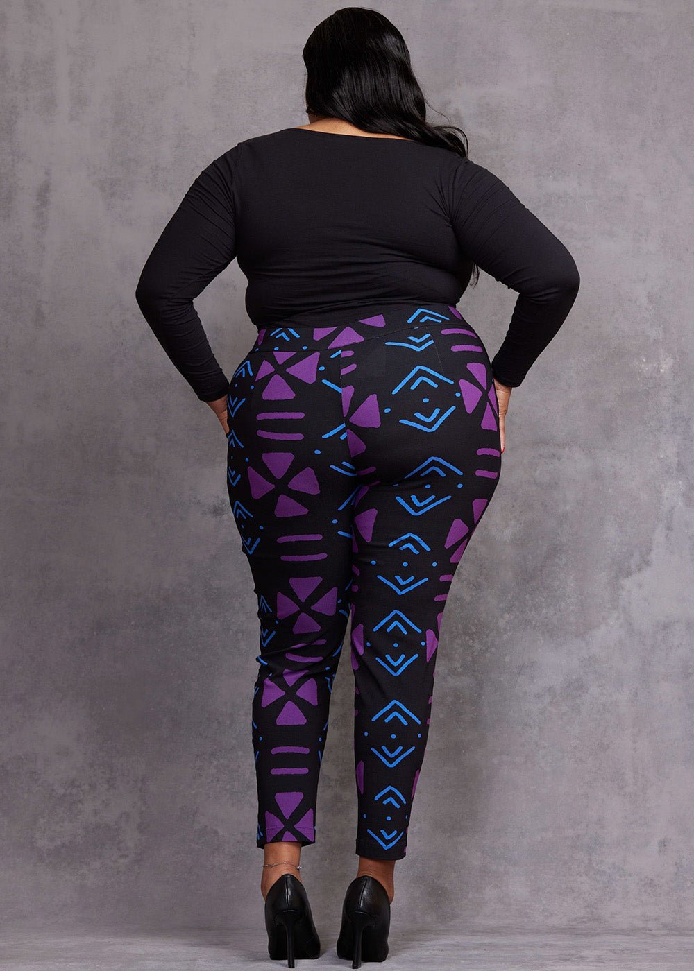 Talia Women's African Print Stretch Pants (Black Purple Mudcloth) - D'IYANU