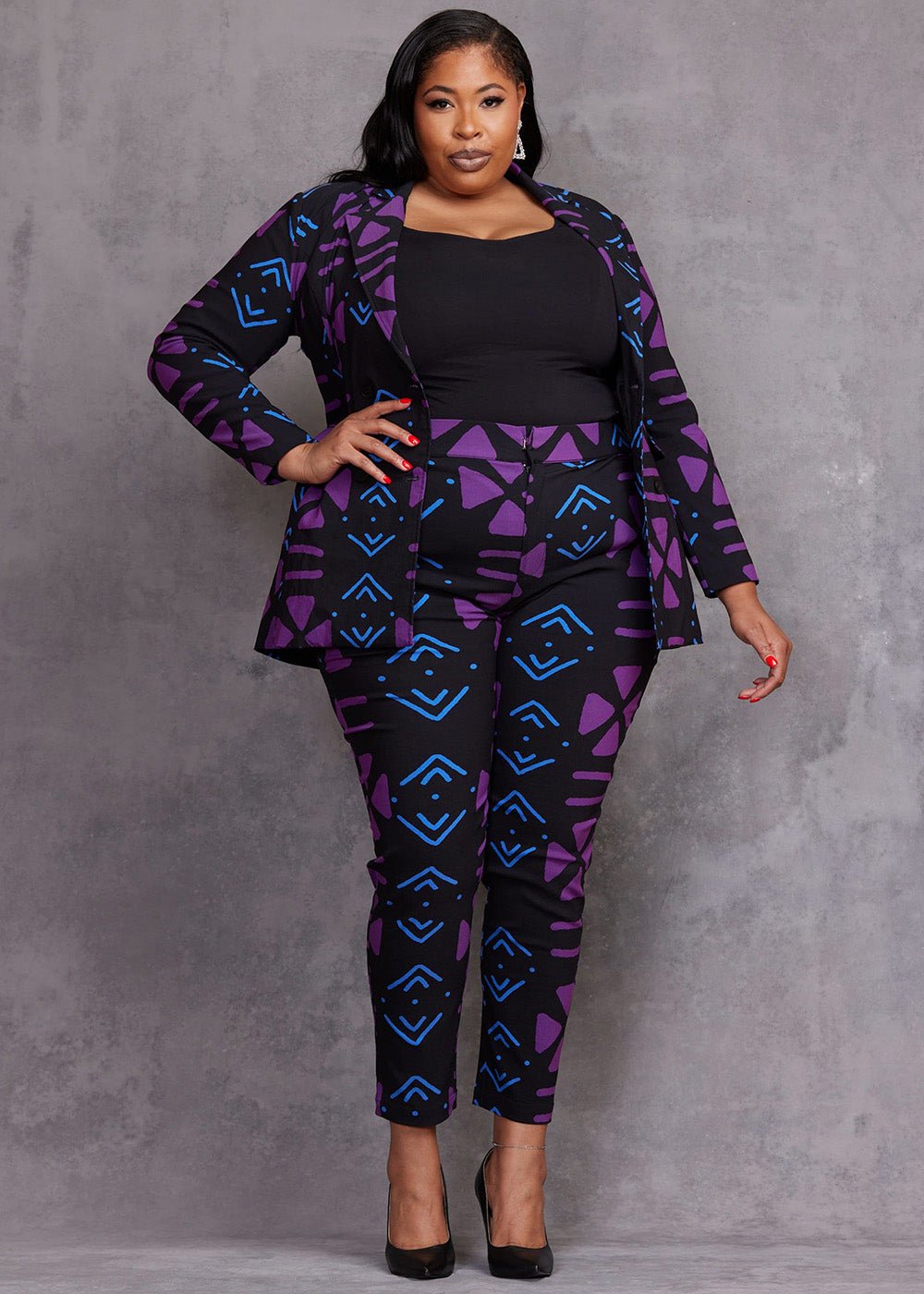 Talia Women's African Print Stretch Pants (Black Purple Mudcloth) Purple - D'IYANU