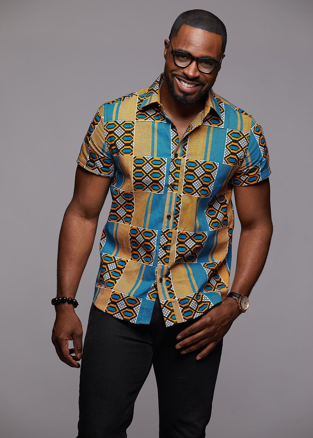 Keyon Button-Up African Print Shirt (Blue/Tan) - D'IYANU