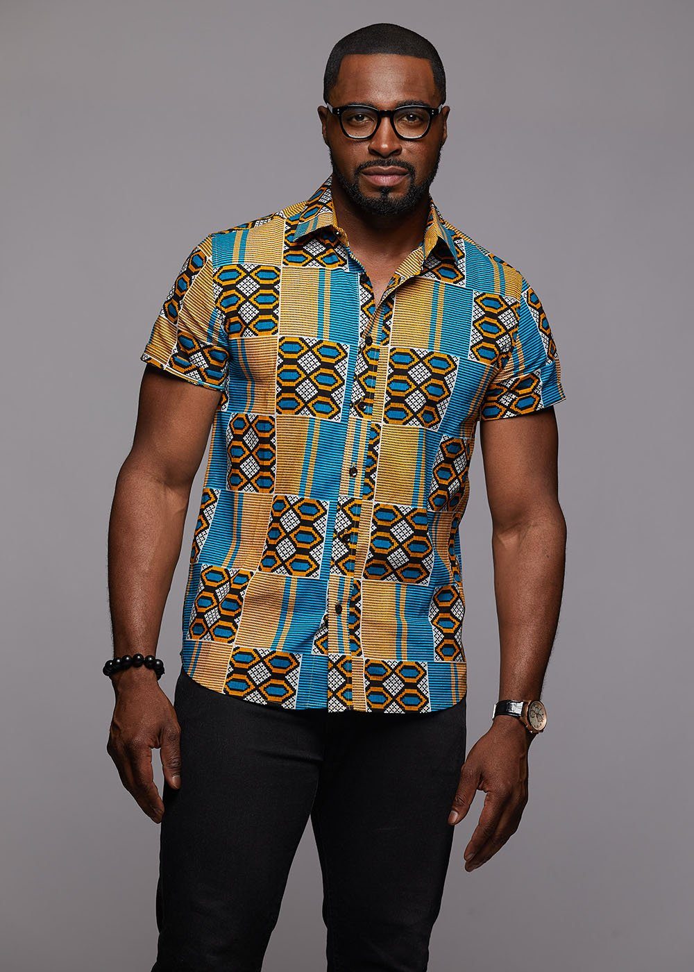 Keyon Button-Up African Print Shirt (Blue/Tan) - D'IYANU