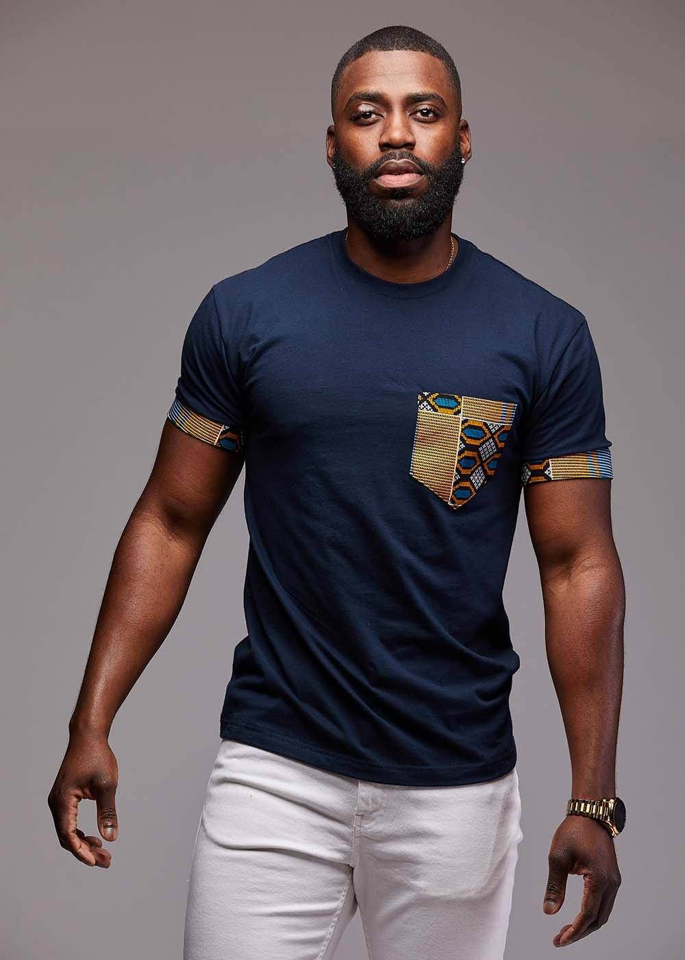 Seun Men's African Print T-Shirt with Pocket (Blue/Tan Navy) - D'IYANU