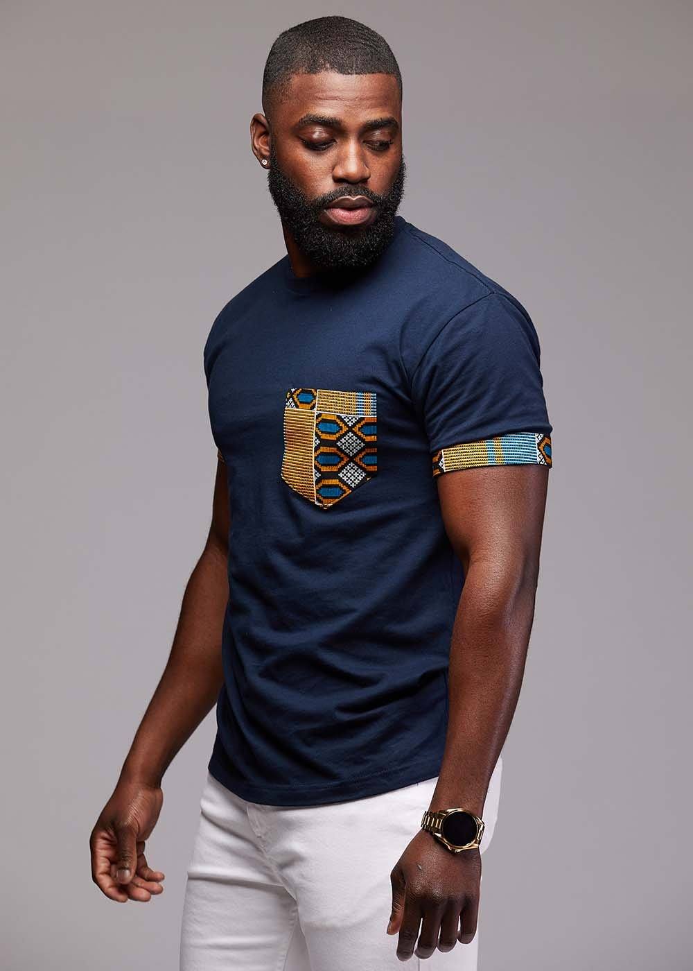 Seun Men's African Print T-Shirt with Pocket (Blue/Tan Navy) - D'IYANU