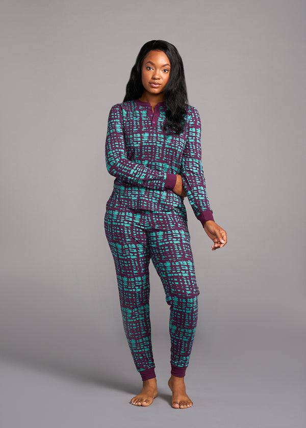 Tella Women's African Print Pajama Set (Mint Purple Adire)