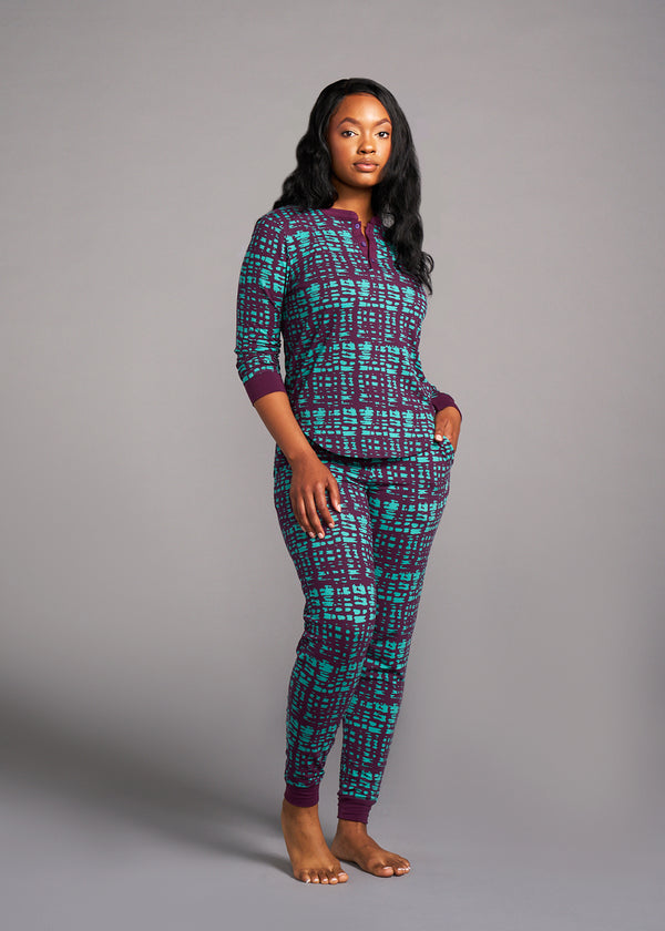 Tella Women's African Print Pajama Set (Mint Purple Adire)