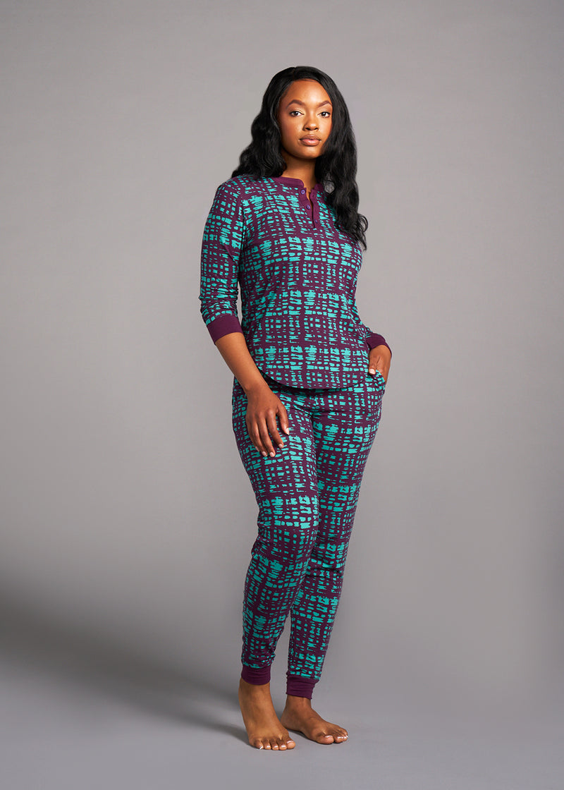 Tella Women's African Print Pajama Set (Mint Purple Adire)