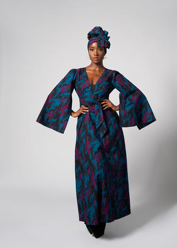 Liya Women's African Print Maxi Dress (Midnight Teal Abstract)