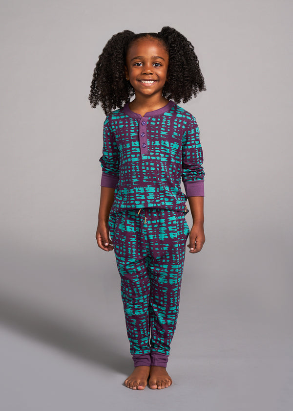 Abeje Kids' Unisex African Print Pajama Set (Mint Purple Adire)