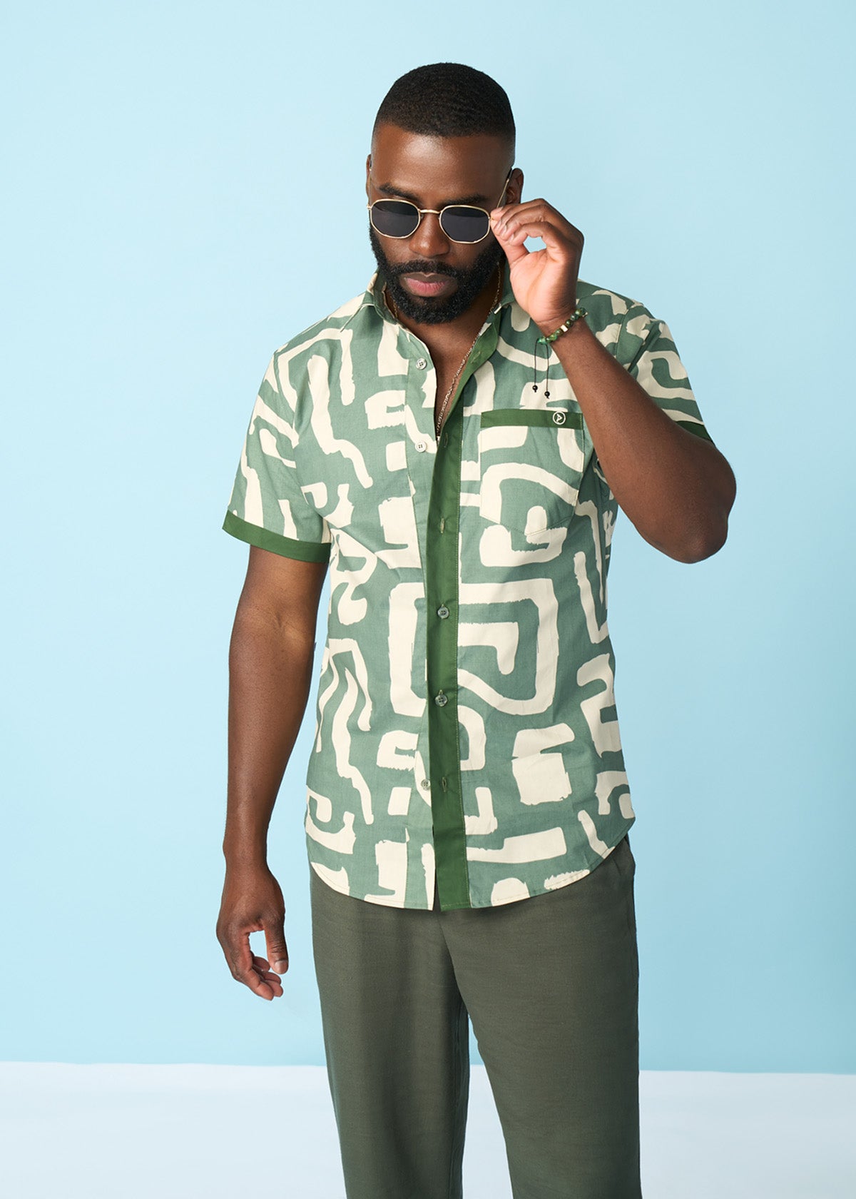 Hakim Men's Button-Up Shirt (Olive Geometric) - Clearance