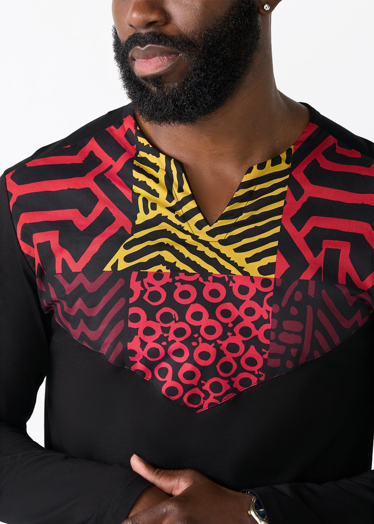 Rufaro Men's African Print Applique T-Shirt (Black Cherry Multipattern)