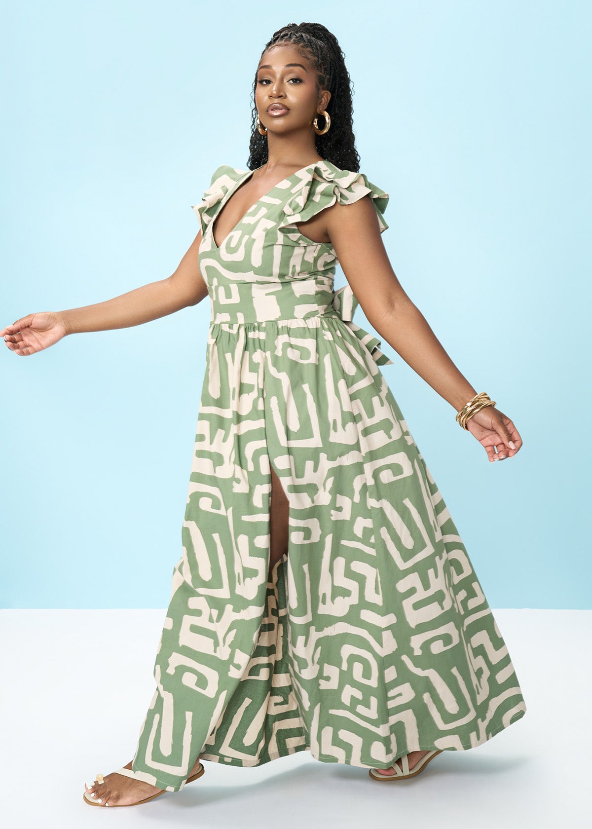 Lelisa Women's African Print Maxi Dress (Olive Geometric)