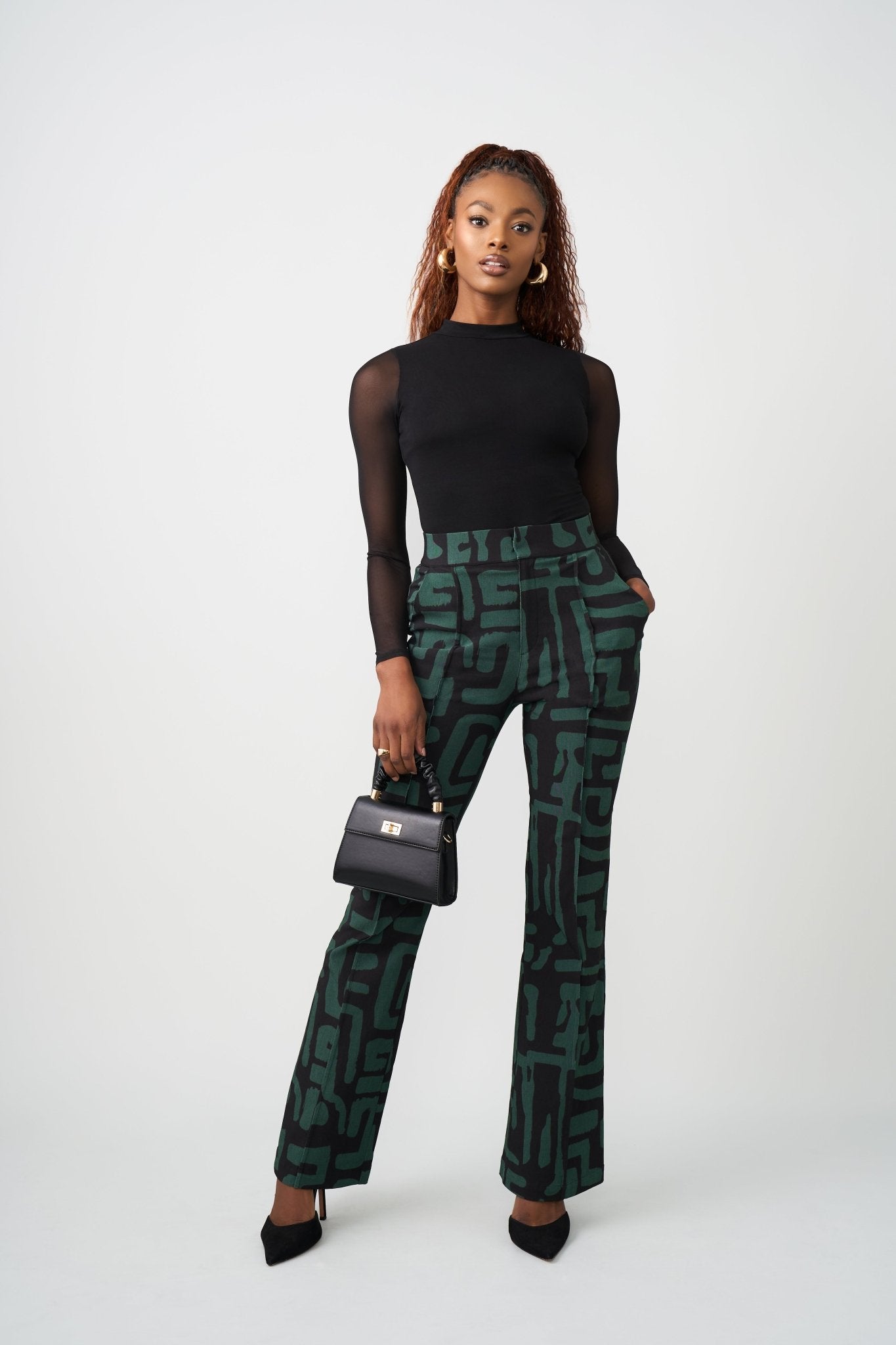 Abebe Women's African Print Stretch Wide Leg Pants (Black Malachite Geometric) - D'IYANU