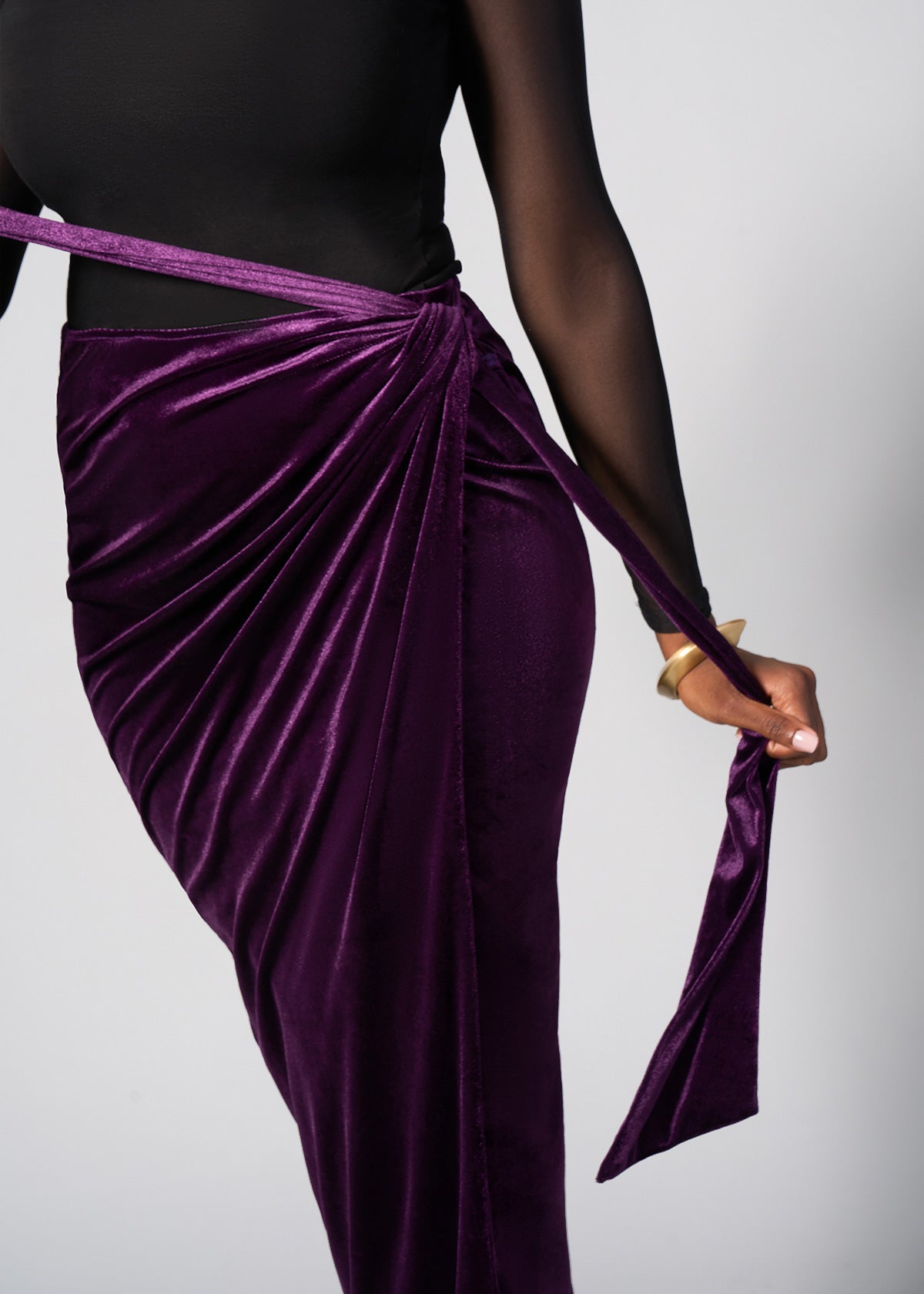 Tesafaye Women's Stretch Velvet Faux Wrap Skirt (Plum) - Clearance