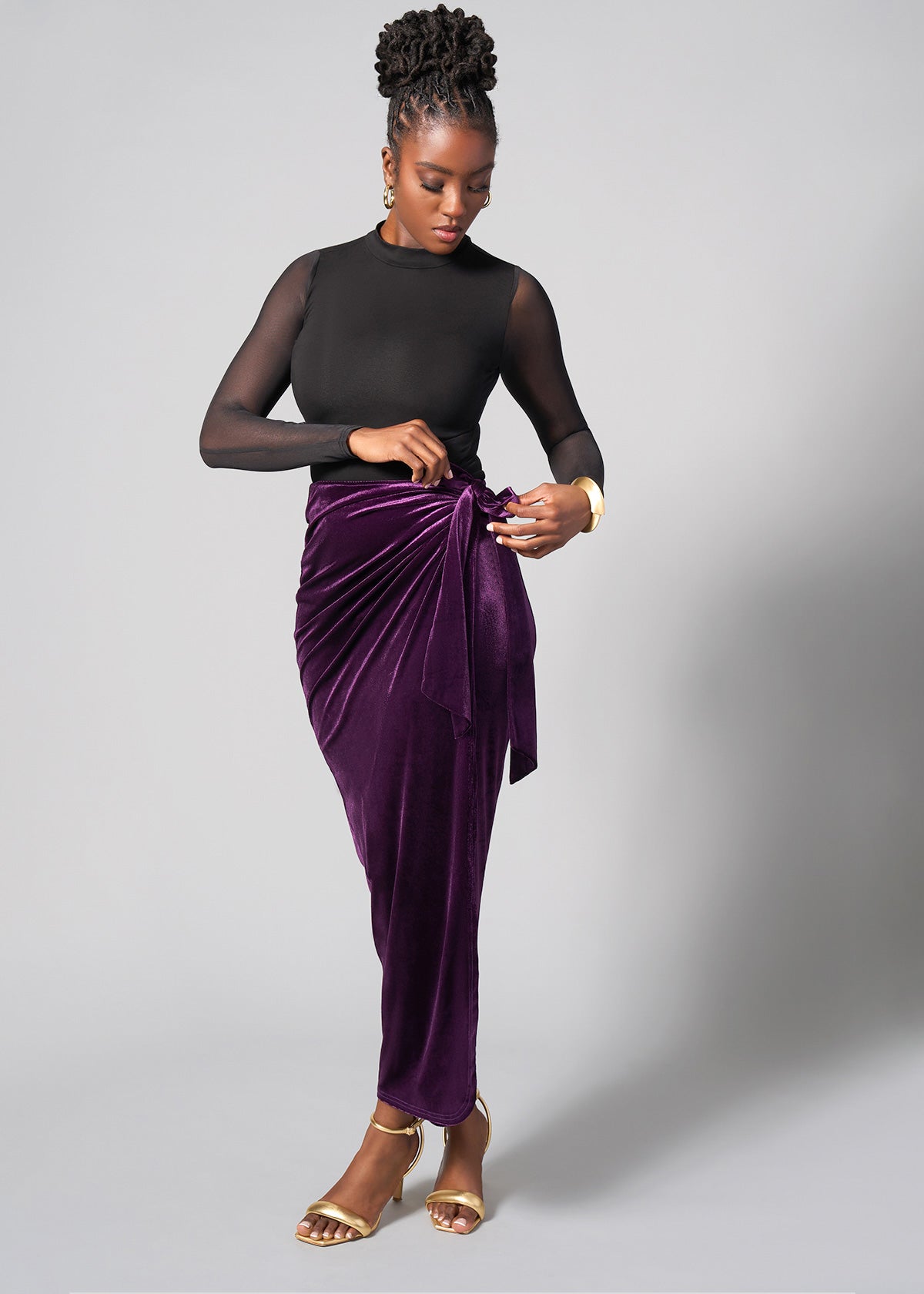 Tesafaye Women's Stretch Velvet Faux Wrap Skirt (Plum) - Clearance