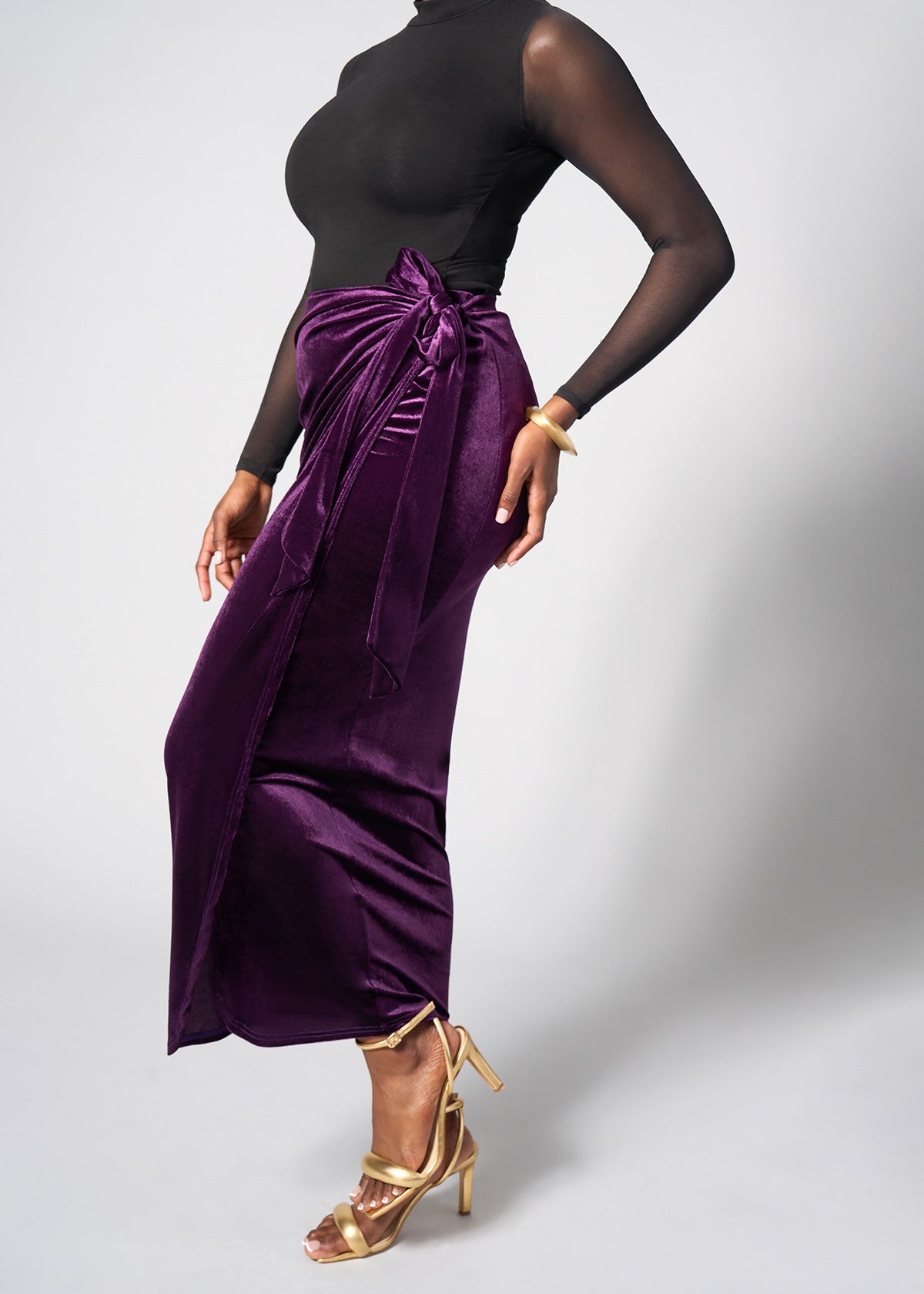 Tesafaye Women's Stretch Velvet Faux Wrap Skirt (Plum) - Clearance