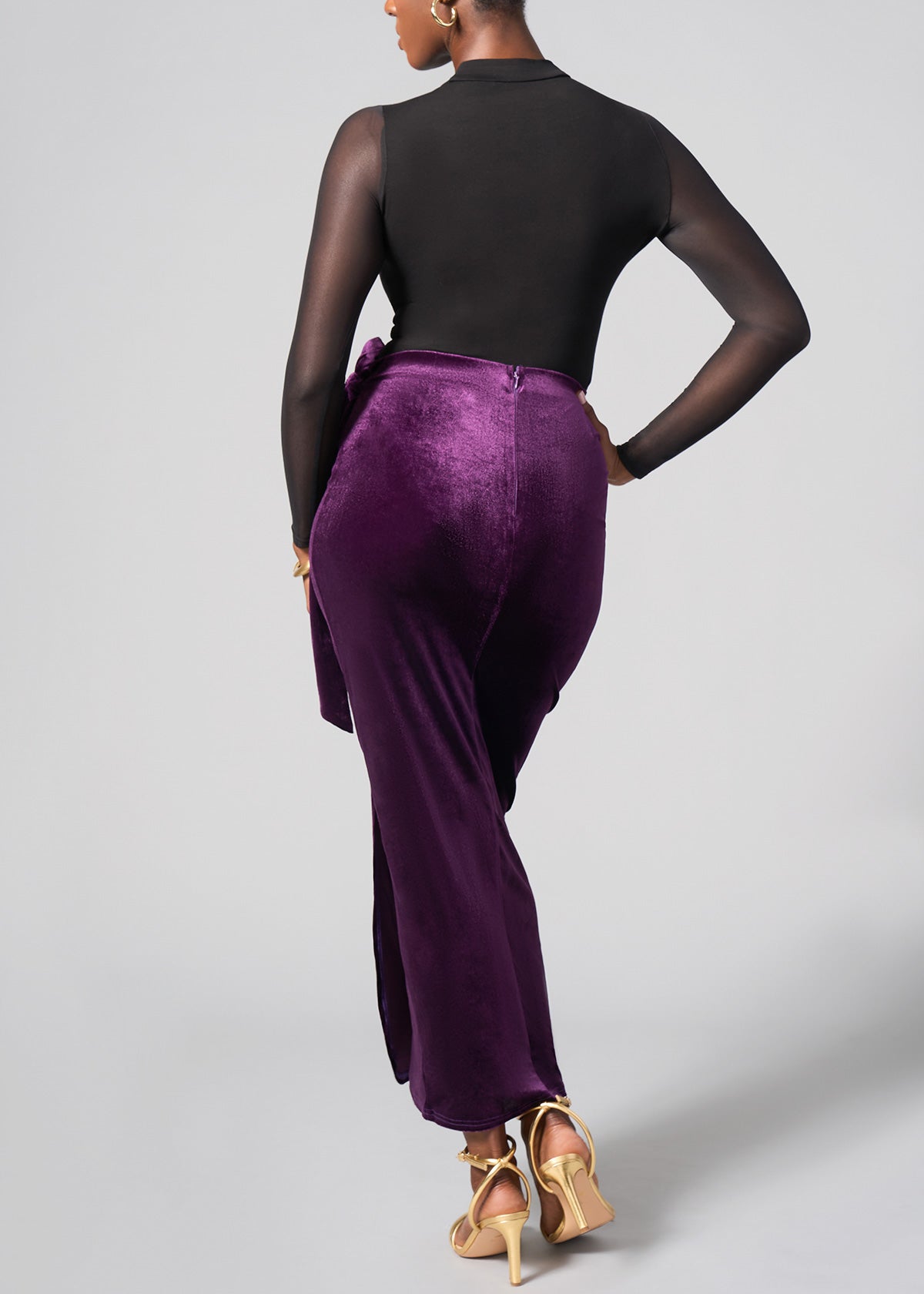Tesafaye Women's Stretch Velvet Faux Wrap Skirt (Plum) - Clearance