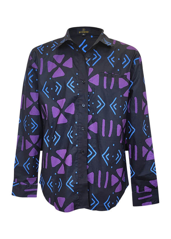 Sample Chane Men's African Print Button-Up Shirt (Black Purple Mudcloth)