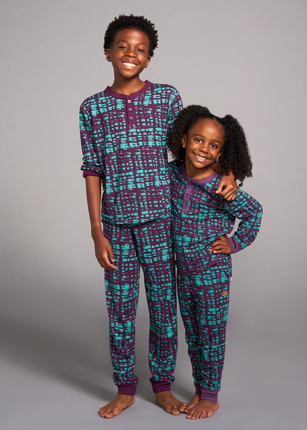 Abeje Kids' Unisex African Print Pajama Set (Mint Purple Adire)