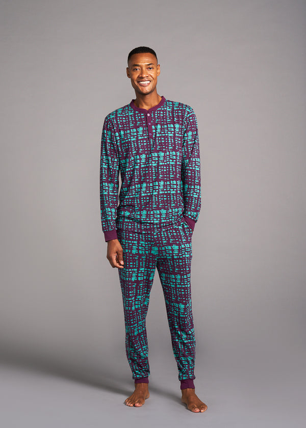 Mobisi Men's African Print Pajama Set (Mint Purple Adire)