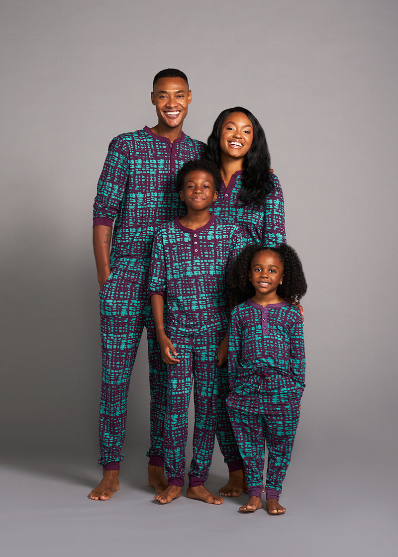 Mobisi Men's African Print Pajama Set (Mint Purple Adire)