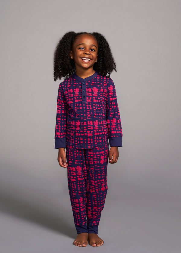Abeje Kids' Unisex African Print Pajama Set (Navy Magenta Adire)