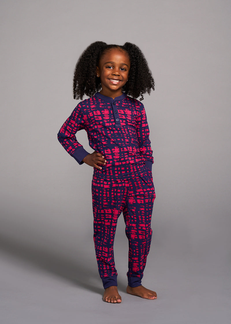 Abeje Kids' Unisex African Print Pajama Set (Navy Magenta Adire)