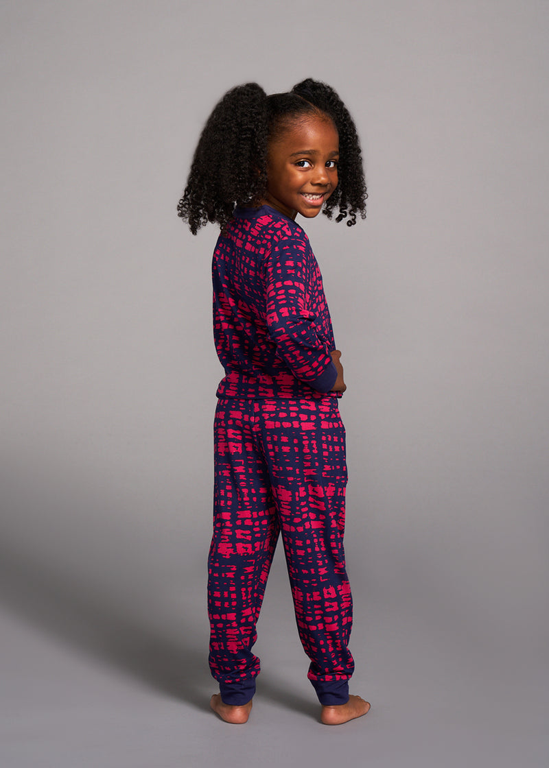 Abeje Kids' Unisex African Print Pajama Set (Navy Magenta Adire)