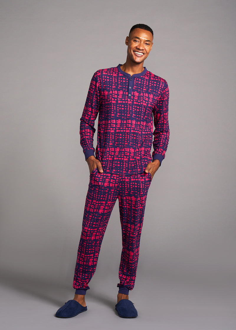 Mobisi Men's African Print Pajama Set (Navy Magenta Adire)