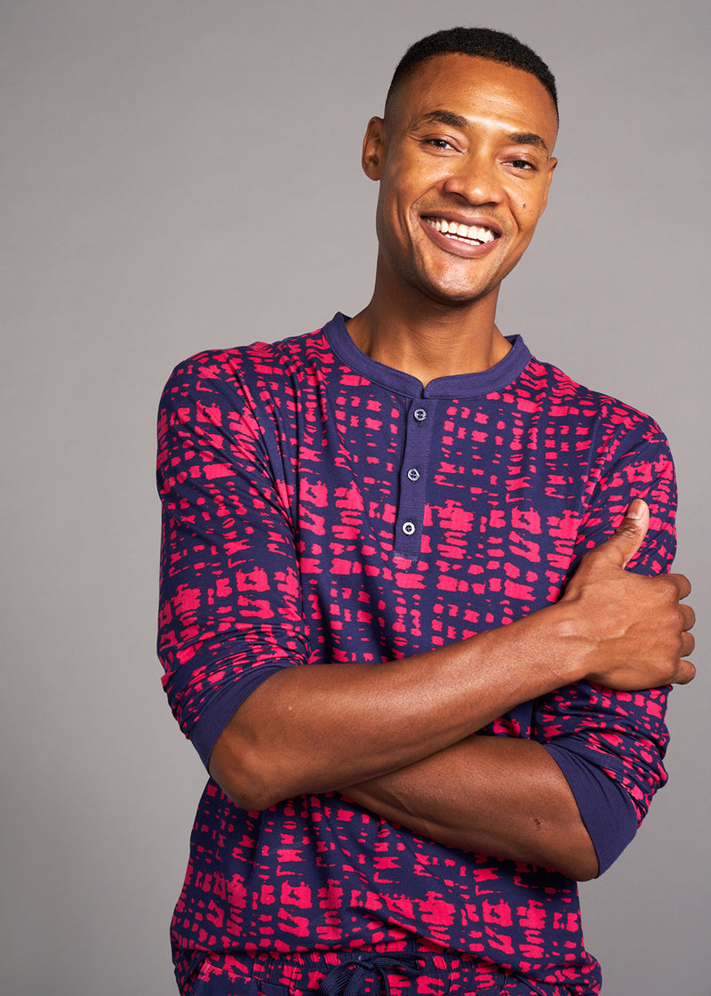 Mobisi Men's African Print Pajama Set (Navy Magenta Adire)