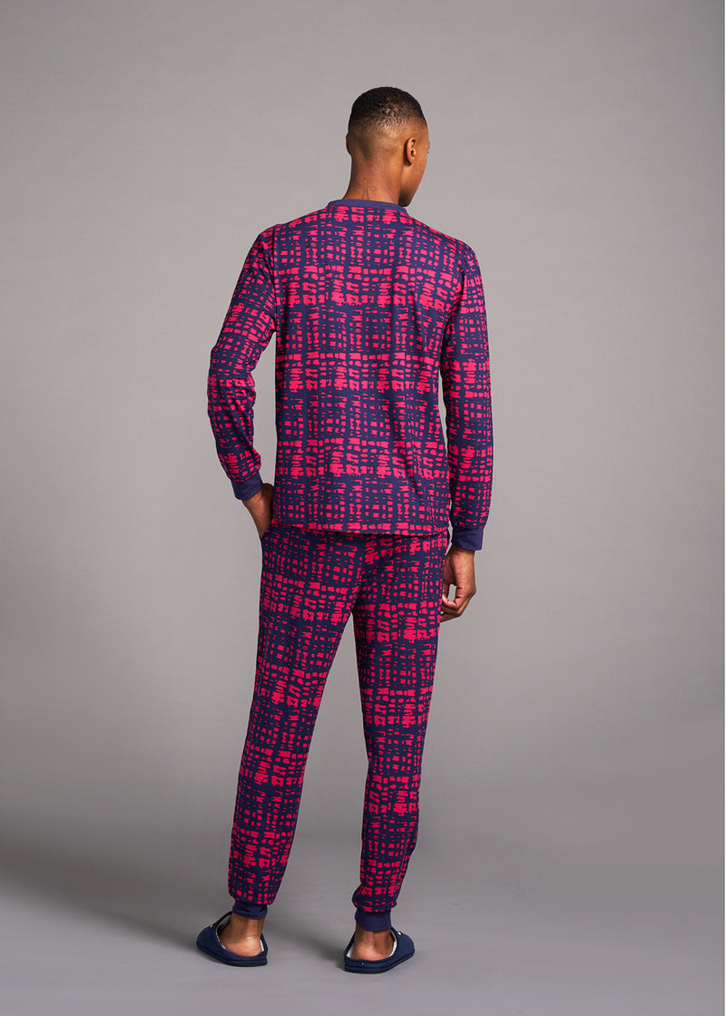 Mobisi Men's African Print Pajama Set (Navy Magenta Adire)
