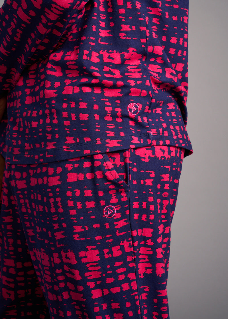 Mobisi Men's African Print Pajama Set (Navy Magenta Adire)