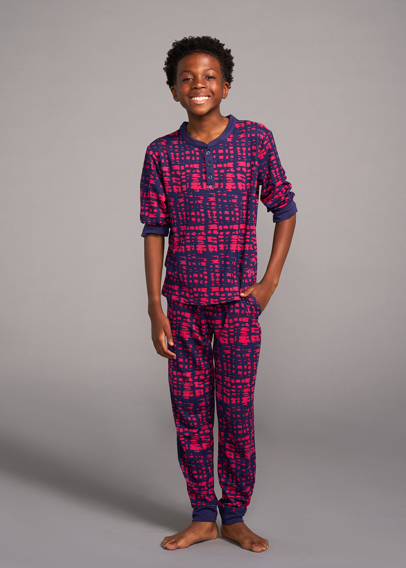 Abeje Kids' Unisex African Print Pajama Set (Navy Magenta Adire)