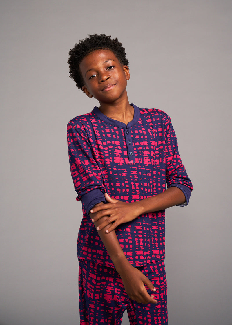 Abeje Kids' Unisex African Print Pajama Set (Navy Magenta Adire)