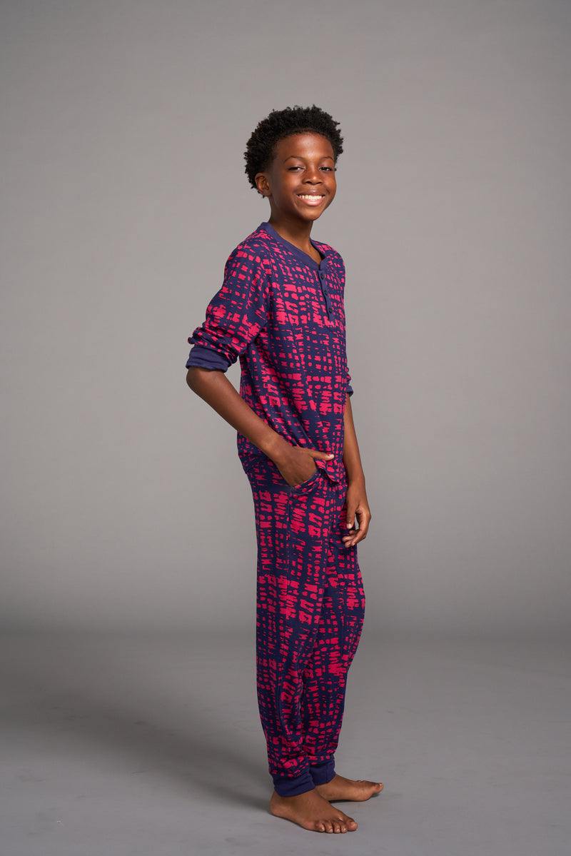 Abeje Kids' Unisex African Print Pajama Set (Navy Magenta Adire)