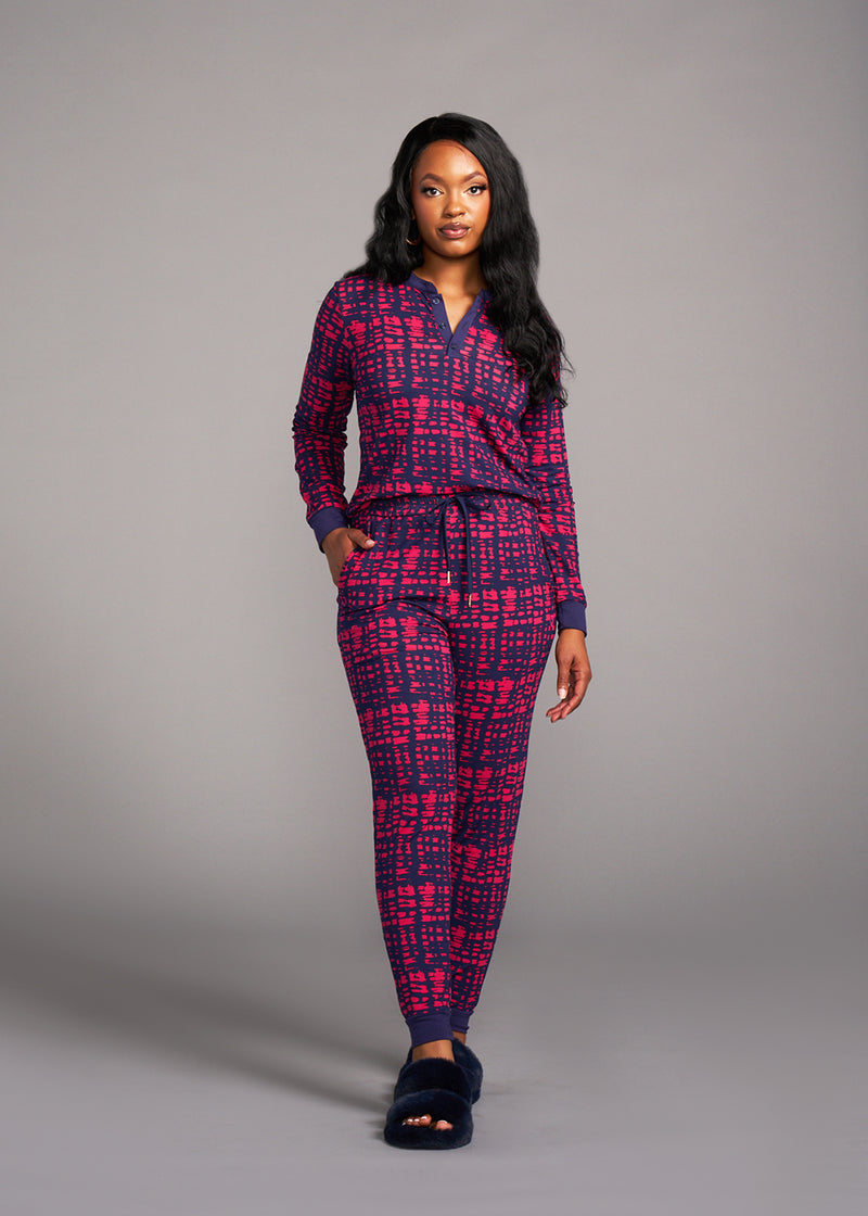 Tella Women's African Print Pajama Set (Navy Magenta Adire)