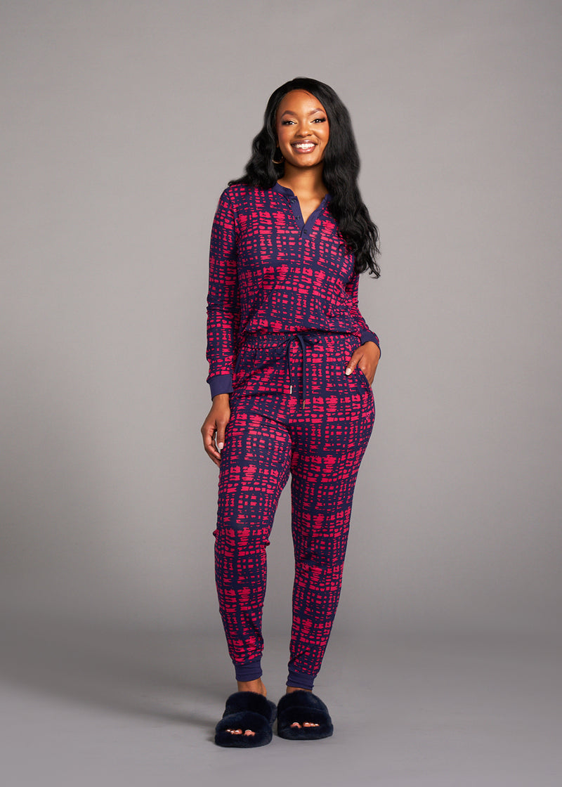 Tella Women's African Print Pajama Set (Navy Magenta Adire)