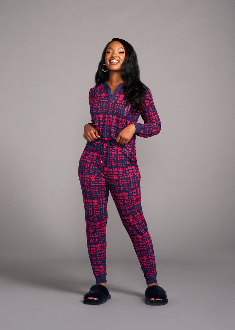 Tella Women's African Print Pajama Set (Navy Magenta Adire)