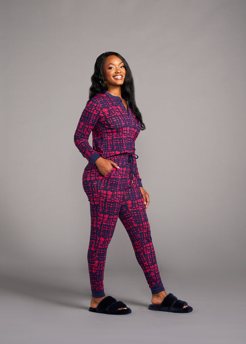 Tella Women's African Print Pajama Set (Navy Magenta Adire)