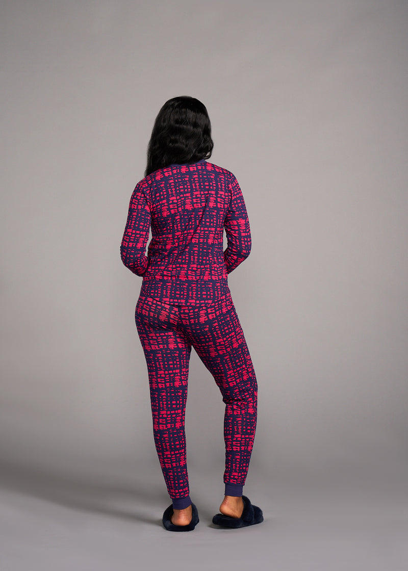 Tella Women's African Print Pajama Set (Navy Magenta Adire)