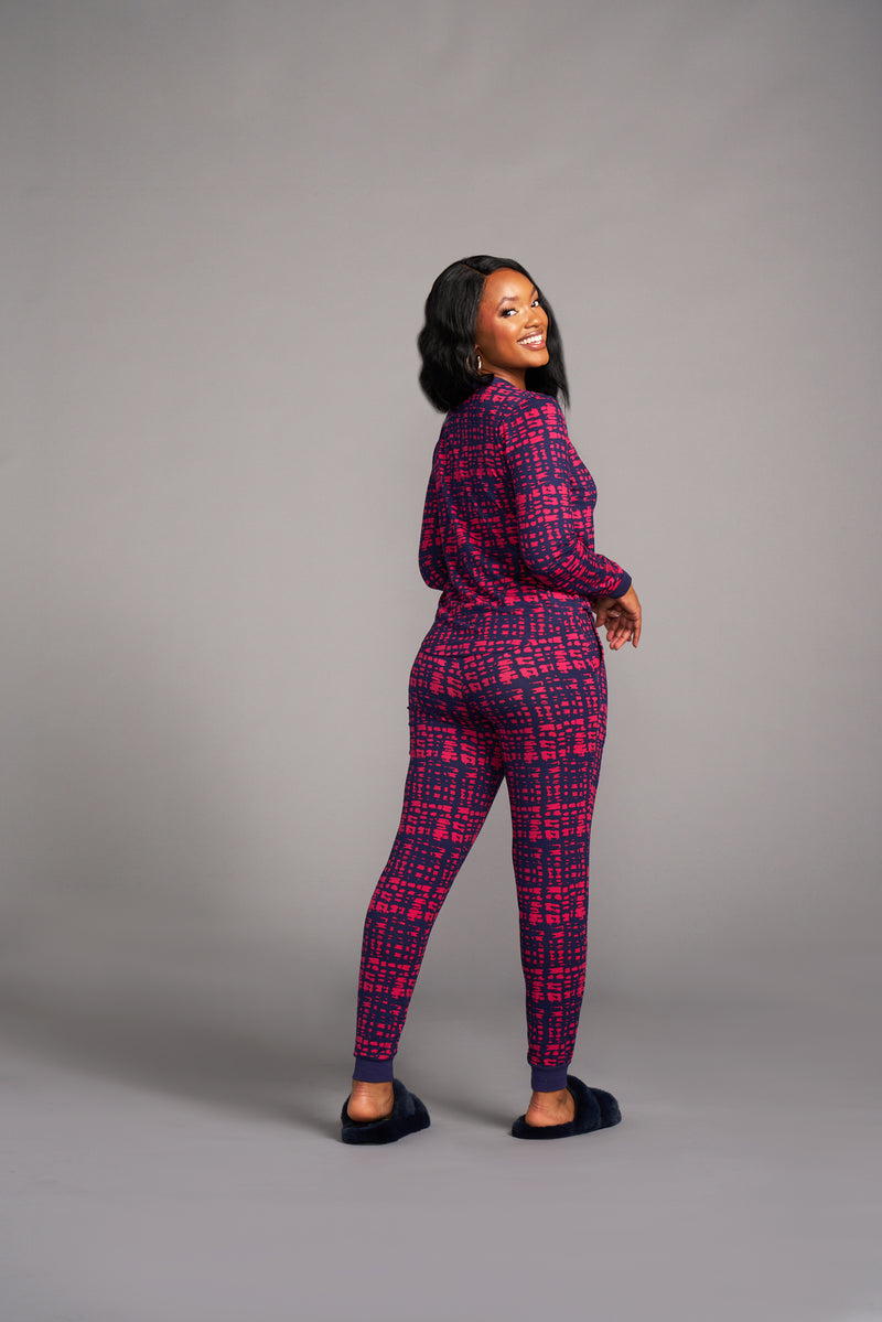 Tella Women's African Print Pajama Set (Navy Magenta Adire)