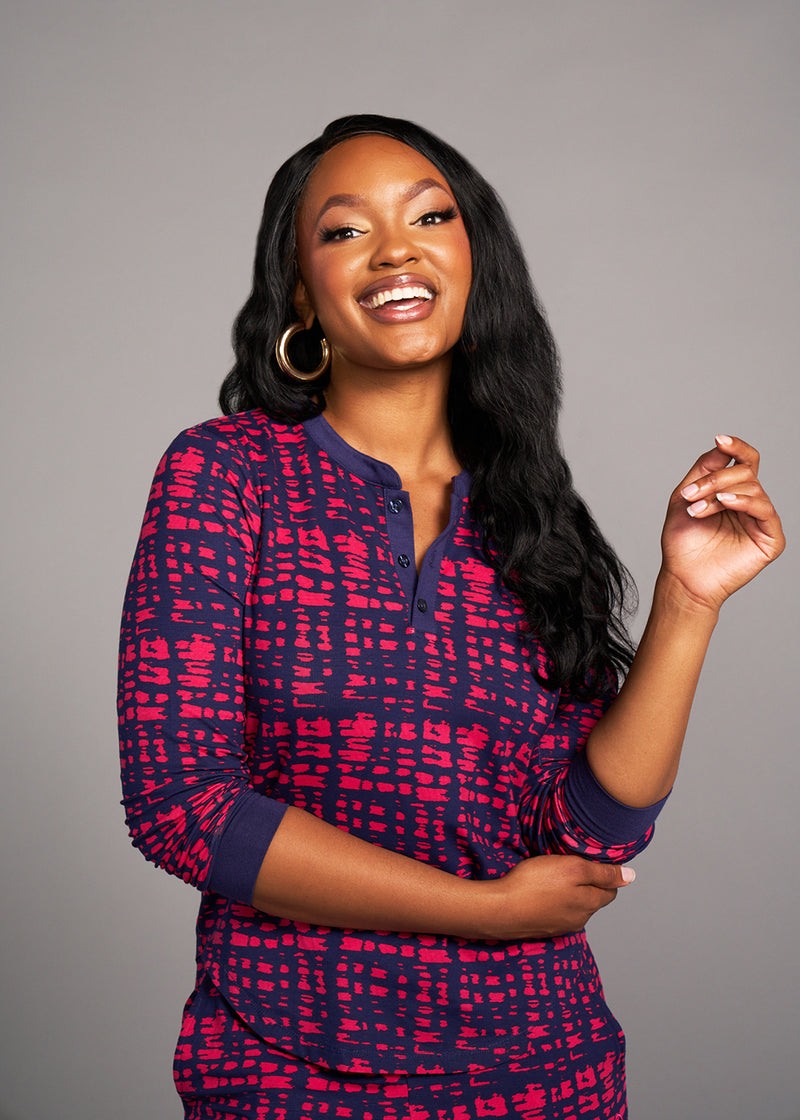 Tella Women's African Print Pajama Set (Navy Magenta Adire)