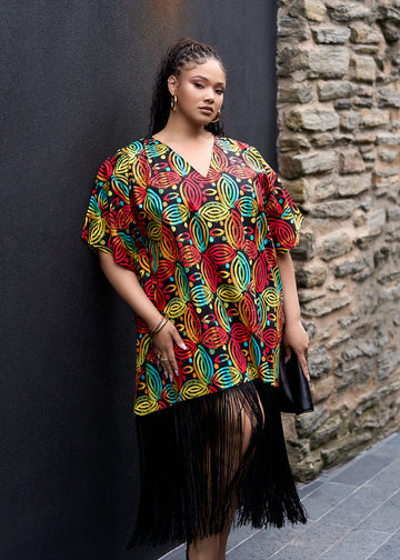 Nima Women's African Print Kaftan With Fringe (Black Rasta Batik)